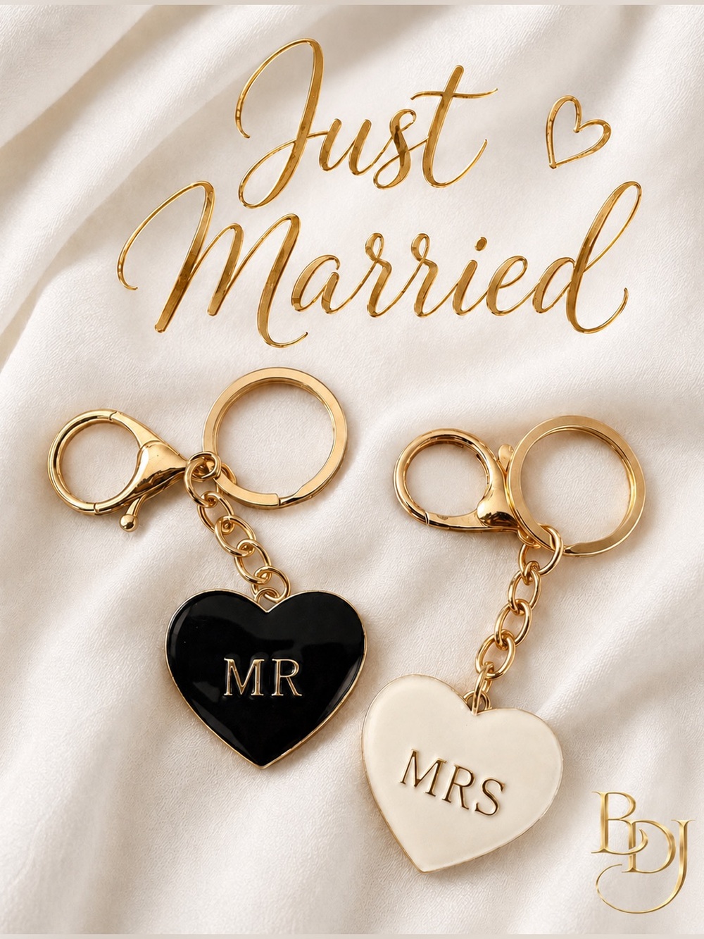 MR & MRS Heart Keychain Set | Black & White Hearts Gold Anniversary Wedding Gift